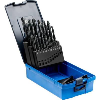 'Una valigetta blu aperta contenente 19 punte elicoidali in un supporto, ordinate per dimensione da 1 a 10 mm.'