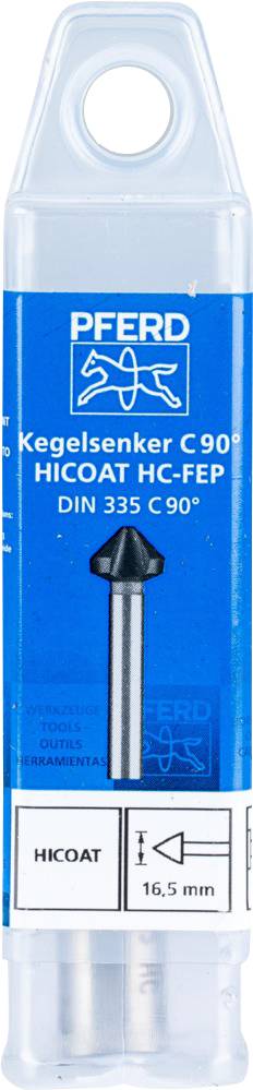 Confezione di una fresa svasatrice di Pferd, tipo HICOAT HC-FEP, DIN 335 C 90°, con diametro di 16,5 mm. Imballaggio in plastica con etichetta blu.