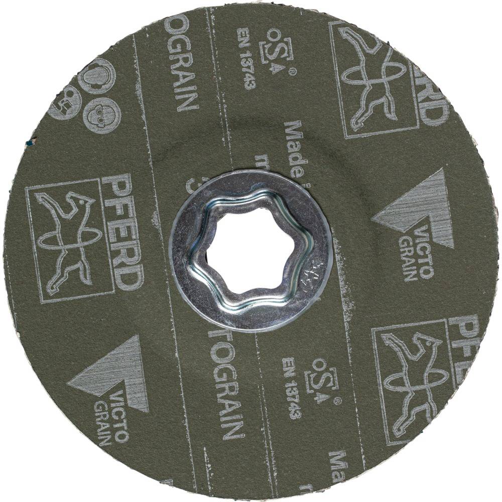 Disco abrasiva con la scritta 'PFERD', 'Victo Grain', e certificazioni di sicurezza, con un'apertura metallica a forma di stella al centro.