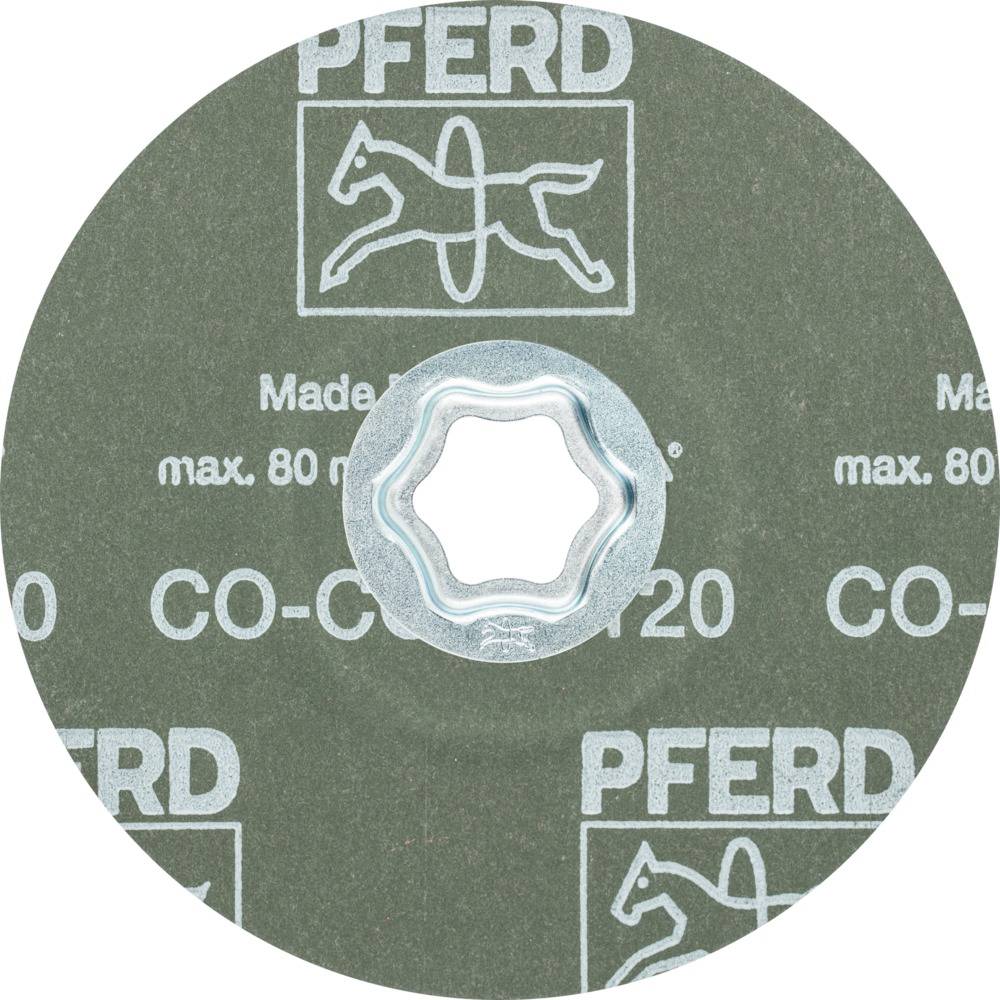Disco abrasiva con logo 'PFERD', emblema del marchio al centro, e testo 'Made in Germany max. 80 m/s, CO-Cool 125x22,23 O20' su sfondo grigio.