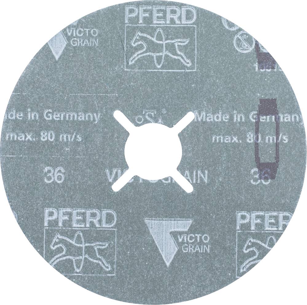 Disco abrasiva con logo del cavallo e scritta 'Made in Germany', 'max. 80 m/s', '36 VICTO GRAIN'.