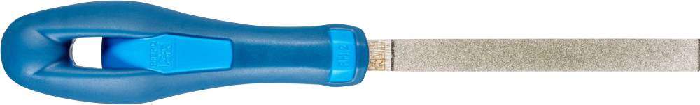 Una lima piatta con impugnatura blu in plastica per lavorare superfici metalliche.