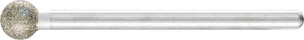 Fresa con testa sferica rivestita in diamante e gambo argentato, utilizzata per lavorazioni di precisione in campo odontoiatrico o tecnico.
