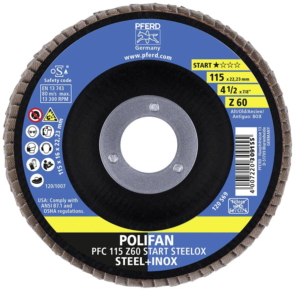 PFERD TOOLS 69300937 PFC 115 Z 60 START STEELOX Disco con falde Diametro 115 mm Ø foro 22.23 mm Dimensione dei grani 40 10 pz.