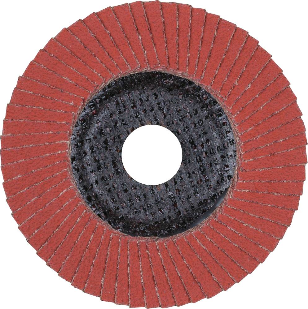 Un disco abrasivo rosso con un foro nero al centro. Il disco ha segmenti abrasivi a forma di ventaglio intorno al centro.