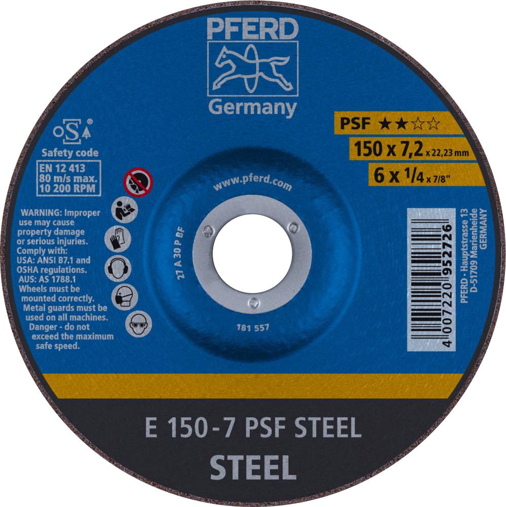 PFERD TOOLS 62015628 E 150-7 PSF STEEL Disco di sgrossatura con centro depresso Diametro 150 mm 10 pz.