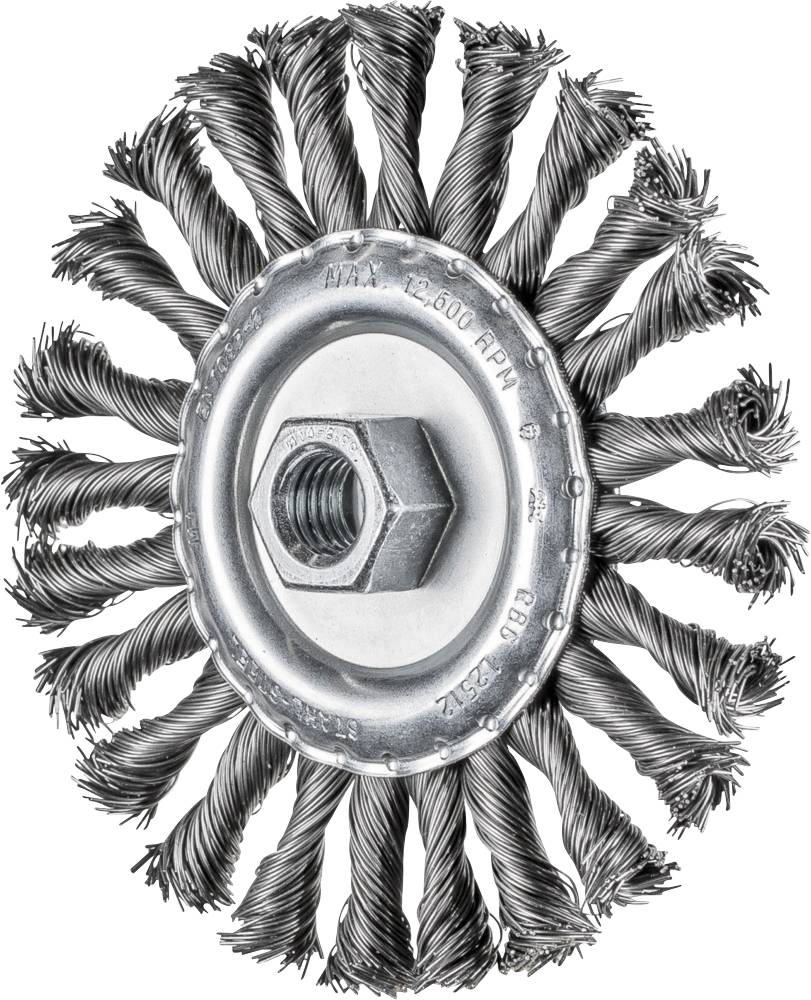 Spazzola metallica in acciaio con disposizione radiale, adatta per la pulizia industriale o la lucidatura di superfici metalliche.