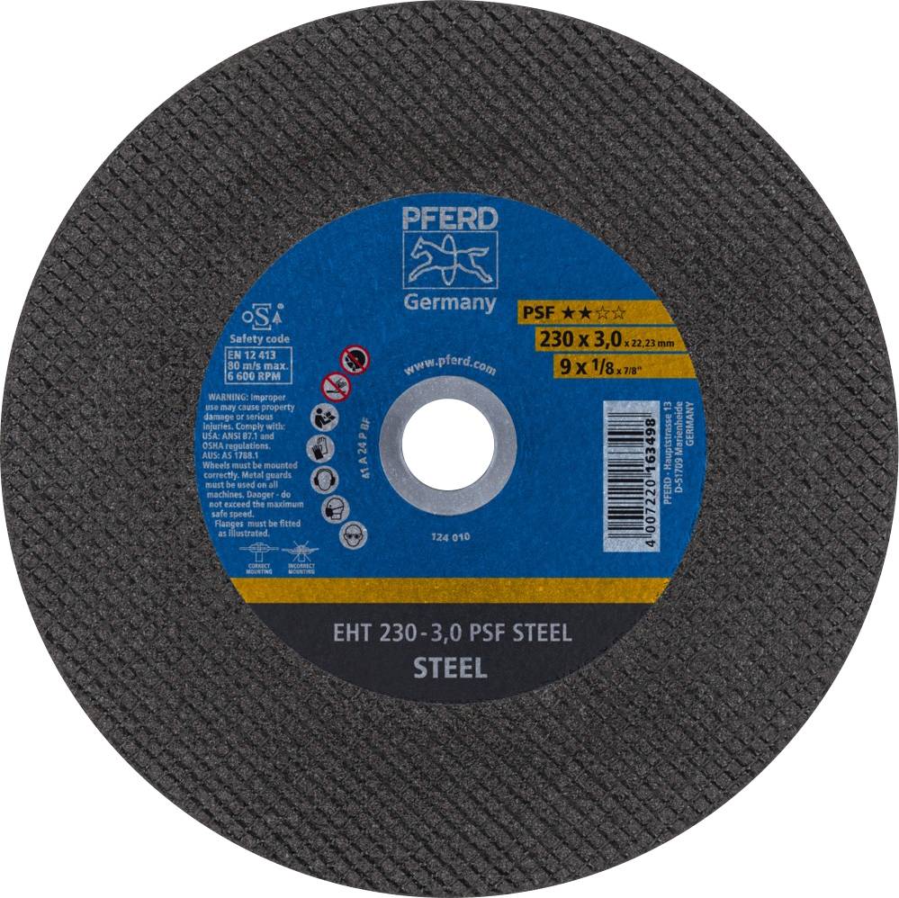 Mola abrasiva con scritta 'EHT 230-3,0 PSF STEEL'. Etichetta blu al centro, nome del marchio 'PFERD' e codici di sicurezza visibili.