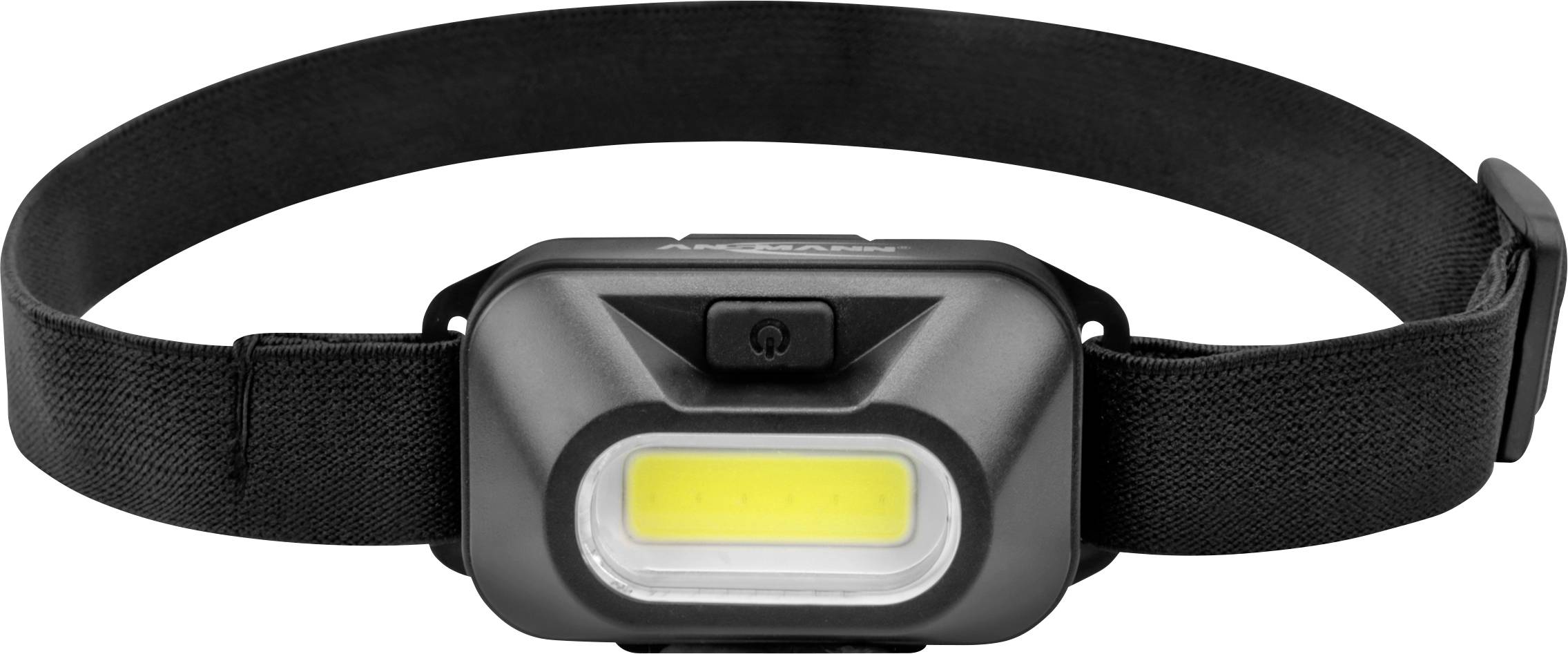 Una lampada frontale nera con una fascia regolabile e un corpo illuminante rettangolare sulla parte anteriore.