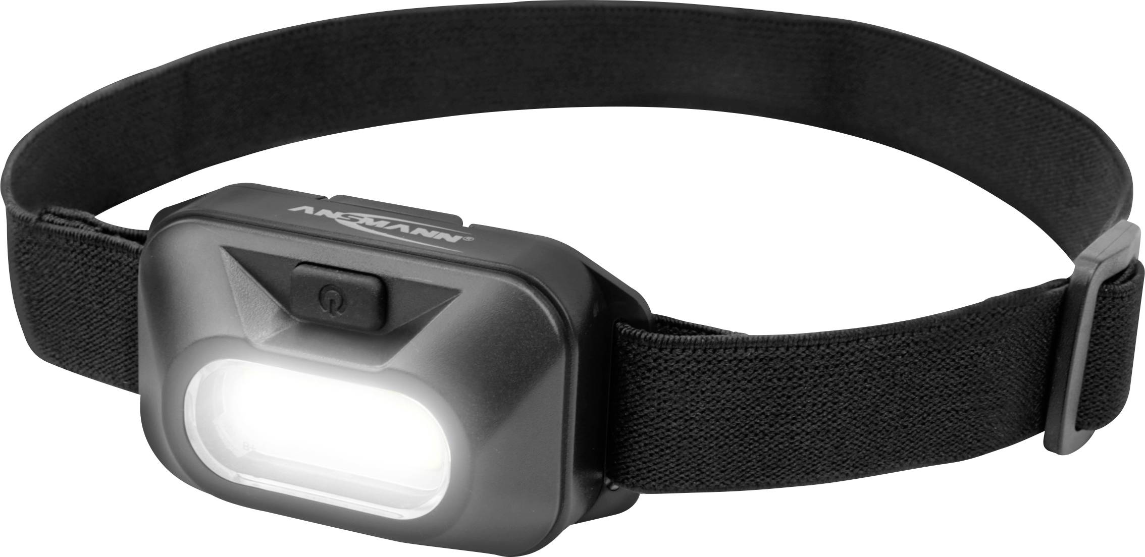 Lampada frontale nera con LED luminoso e fascia regolabile. Ideale per attività all'aperto o lavori in condizioni di scarsa luminosità.