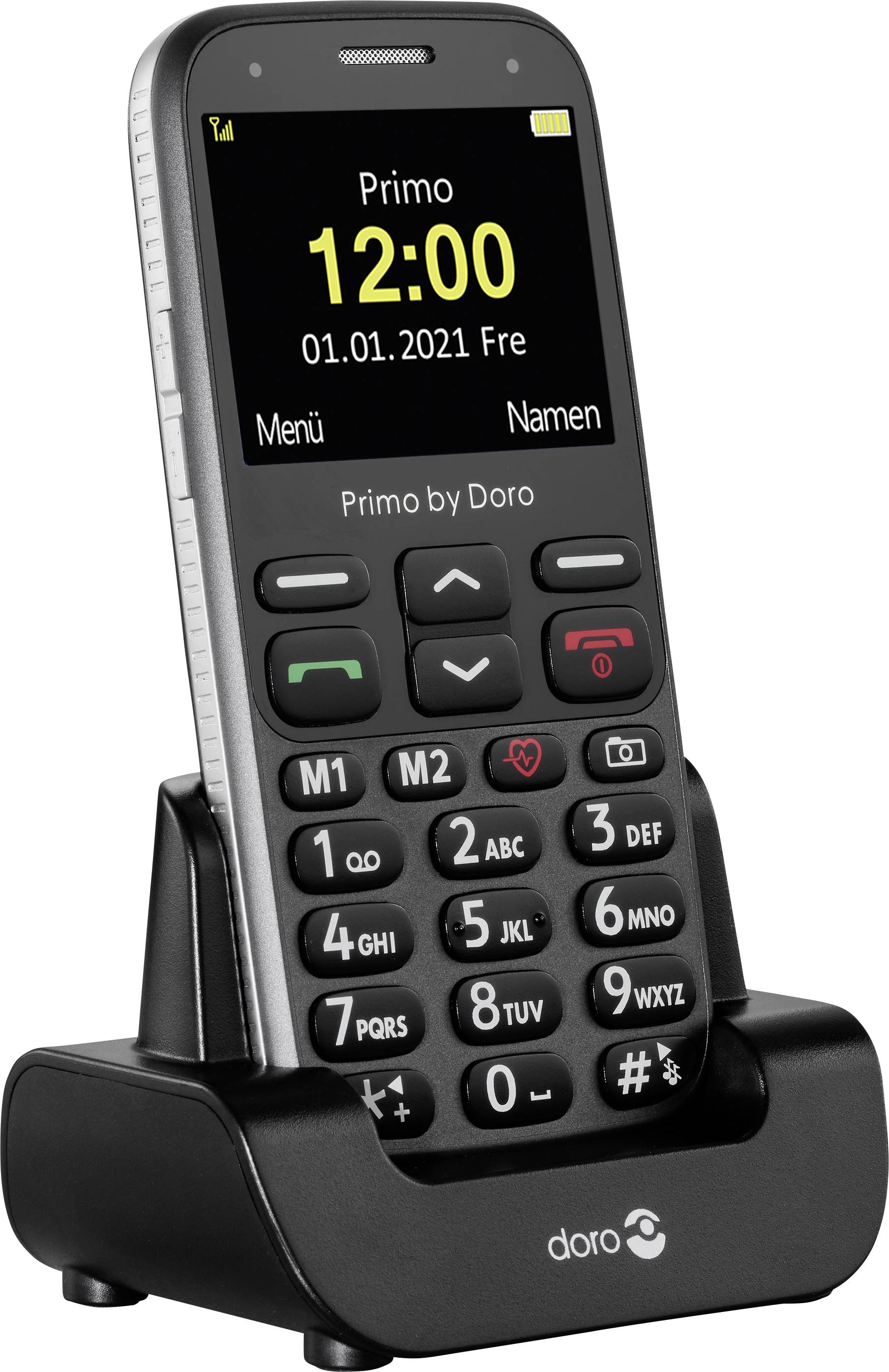 Telefono cellulare Doro sulla stazione di ricarica, mostra la data 01.01.2021 e l'ora 12:00. Tasti grandi con simboli per chiamata di emergenza e funzioni di menu.