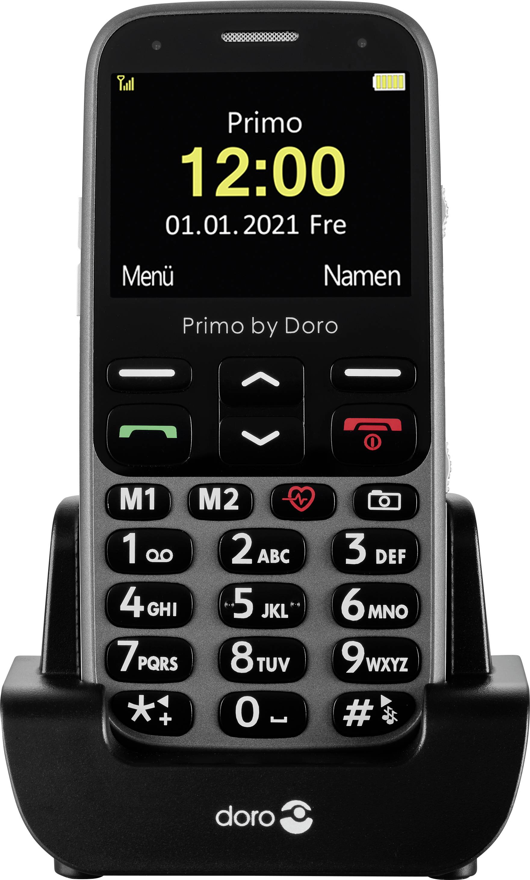 Cellulare con tasti grandi sulla stazione di ricarica, display mostra '12:00, 01.01.2021'. Ideale per un utilizzo semplice e per utenti anziani.
