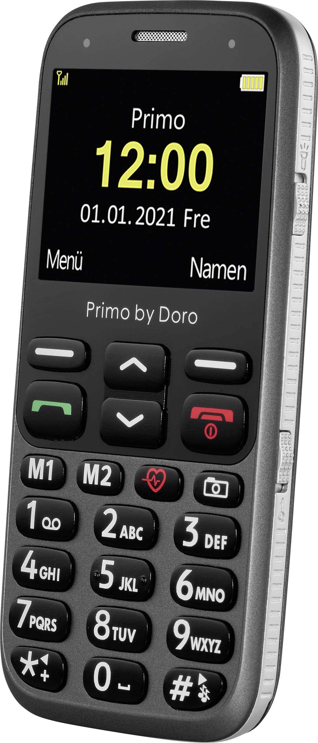 Cellulare con tastiera grande e display semplificato. Mostra l'ora '12:00' e la data '01.01.2021'. In alto è scritto 'Primo'.