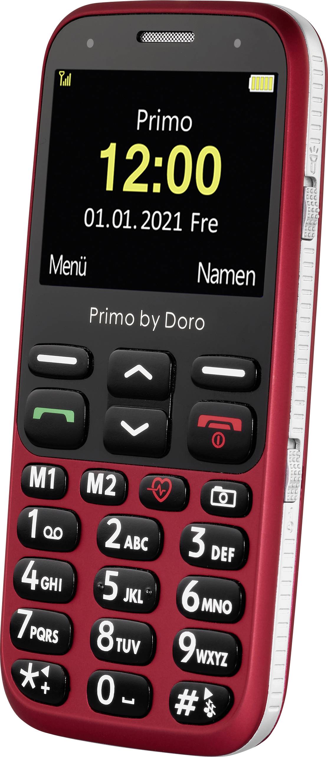 Cellulare rosso con tasti e display. Mostra 'Primo', ora '12:00', data '01.01.2021 Ven'. Tasti numerici grandi, utilizzo semplice.