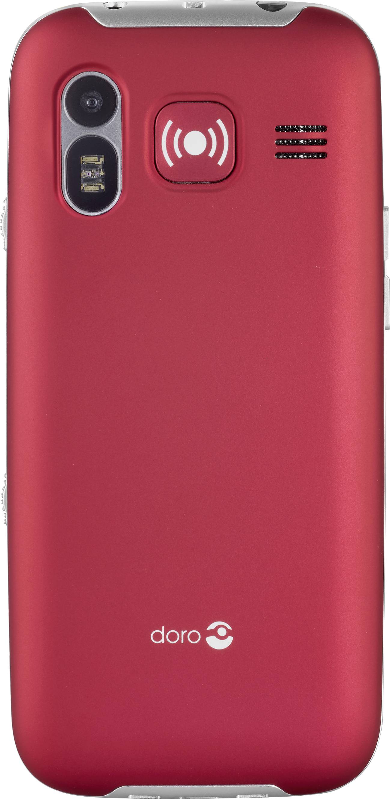 Retro di un telefono cellulare rosso con fotocamera, altoparlante e pulsante di emergenza al centro. Marchio 'doro' visibile in basso.