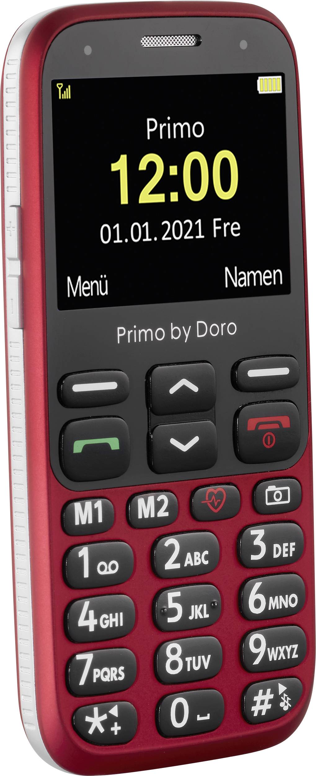 Un cellulare per anziani rosso con tasti grandi, display piccolo e caratteri con alto contrasto. Mostra '12:00' e data '01.01.2021'.