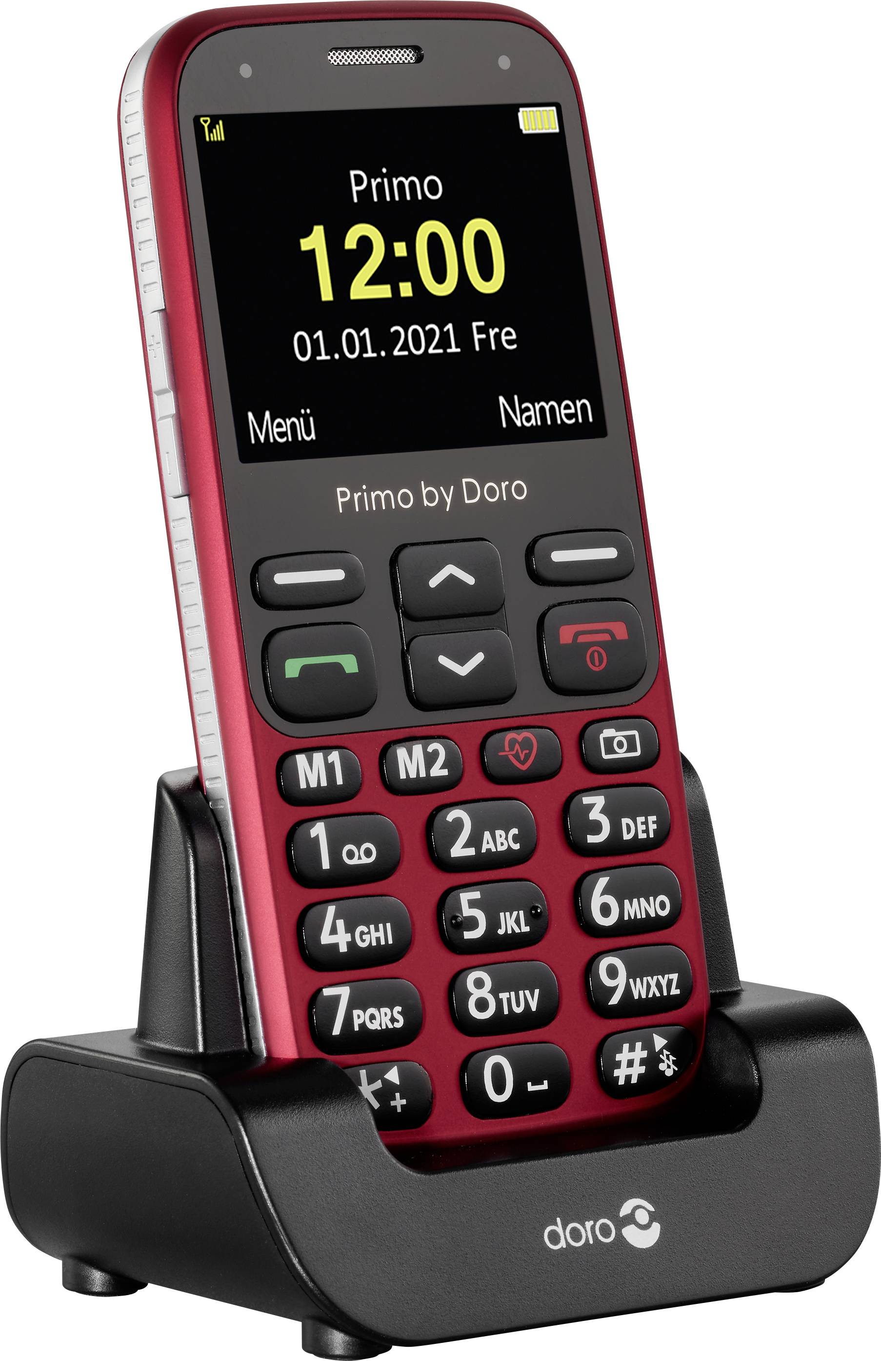 'Cellulare rosso per anziani con tasti e display grandi in una stazione di ricarica. Mostra ora e data: 12:00, 01.01.2021, Venerdì.'