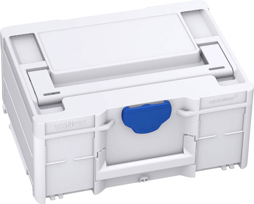 Un cofanetto degli attrezzi bianco con manico blu, contrassegnato con 'TANOS'.