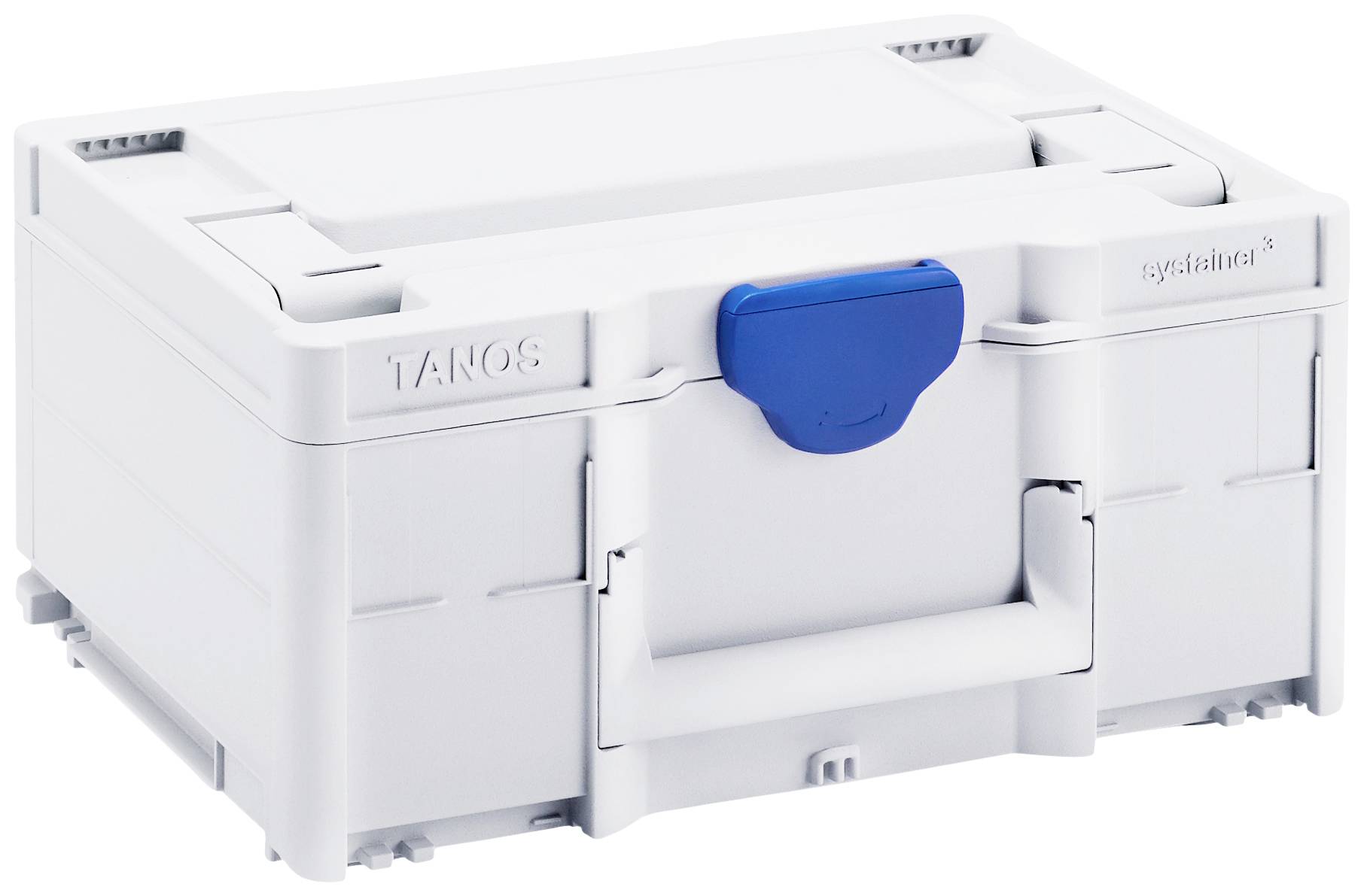 Un contenitore bianco in plastica con linguetta blu sul davanti, adatto per conservare utensili o piccoli componenti.