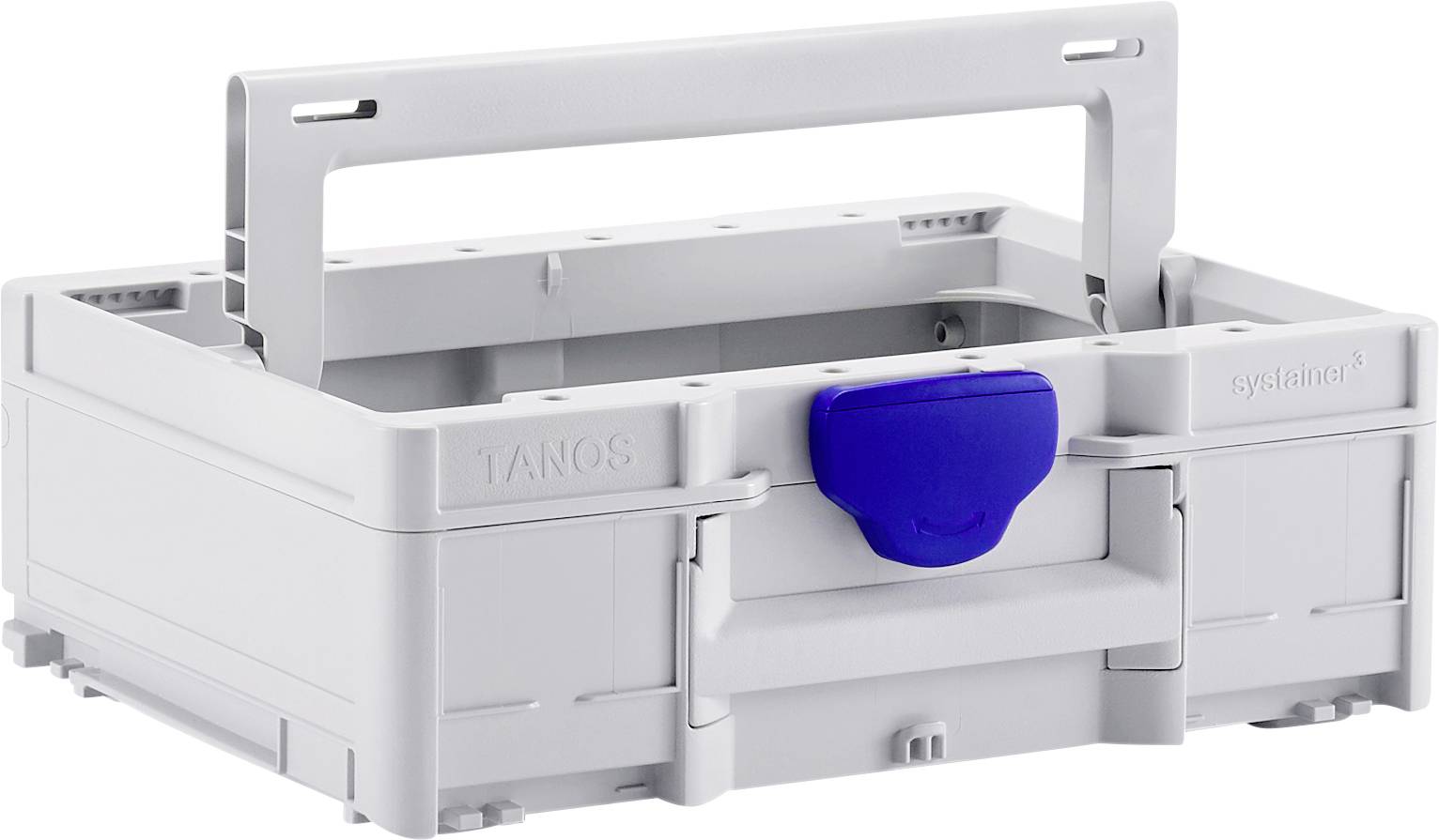 Contenitore portaoggetti grigio in plastica con coperchio blu e manico per il trasporto.