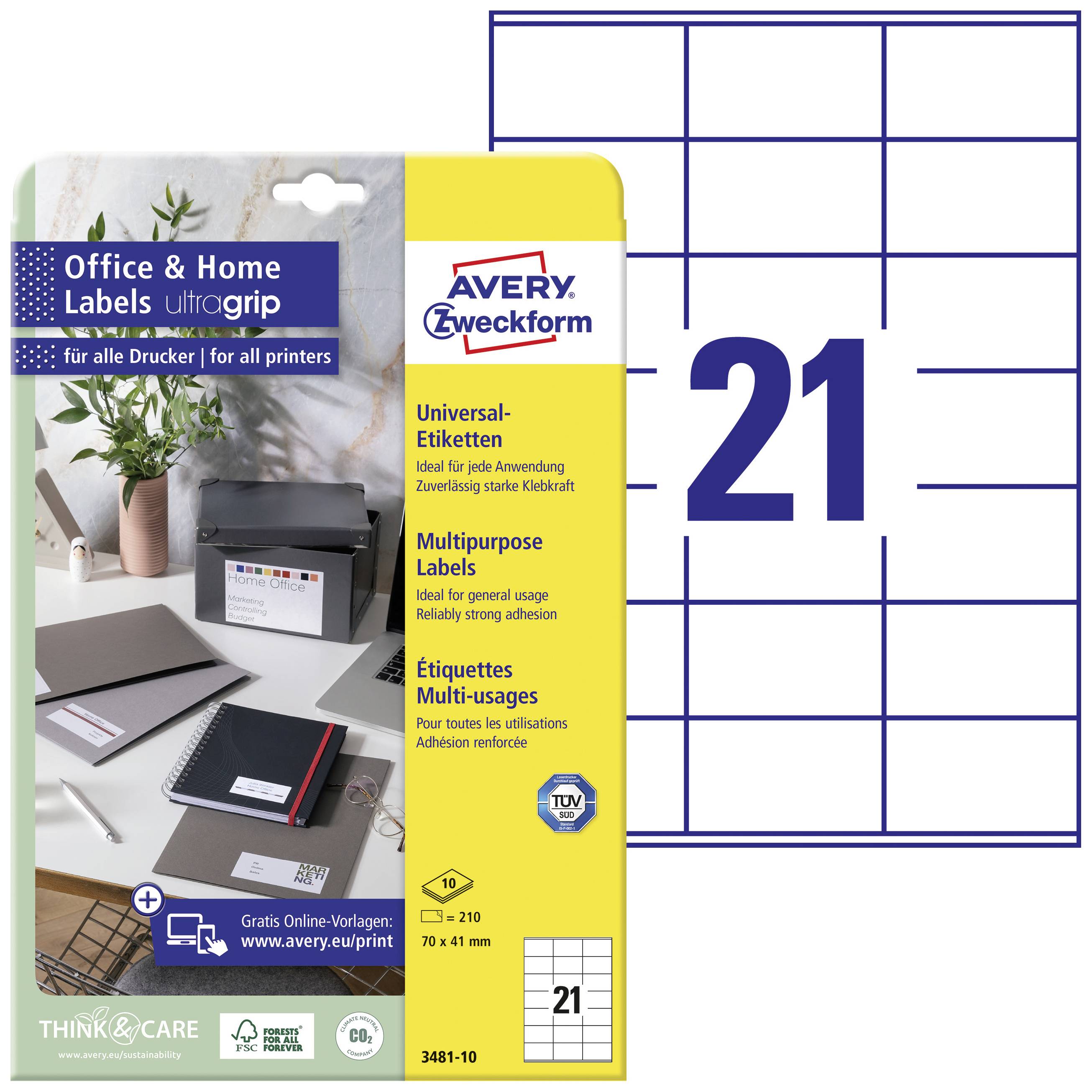 'Office & Home Labels ultragrip' - Avery Zweckform Etichette multiuso per stampanti, dimensione 70 x 41 mm, 21 etichette per foglio.