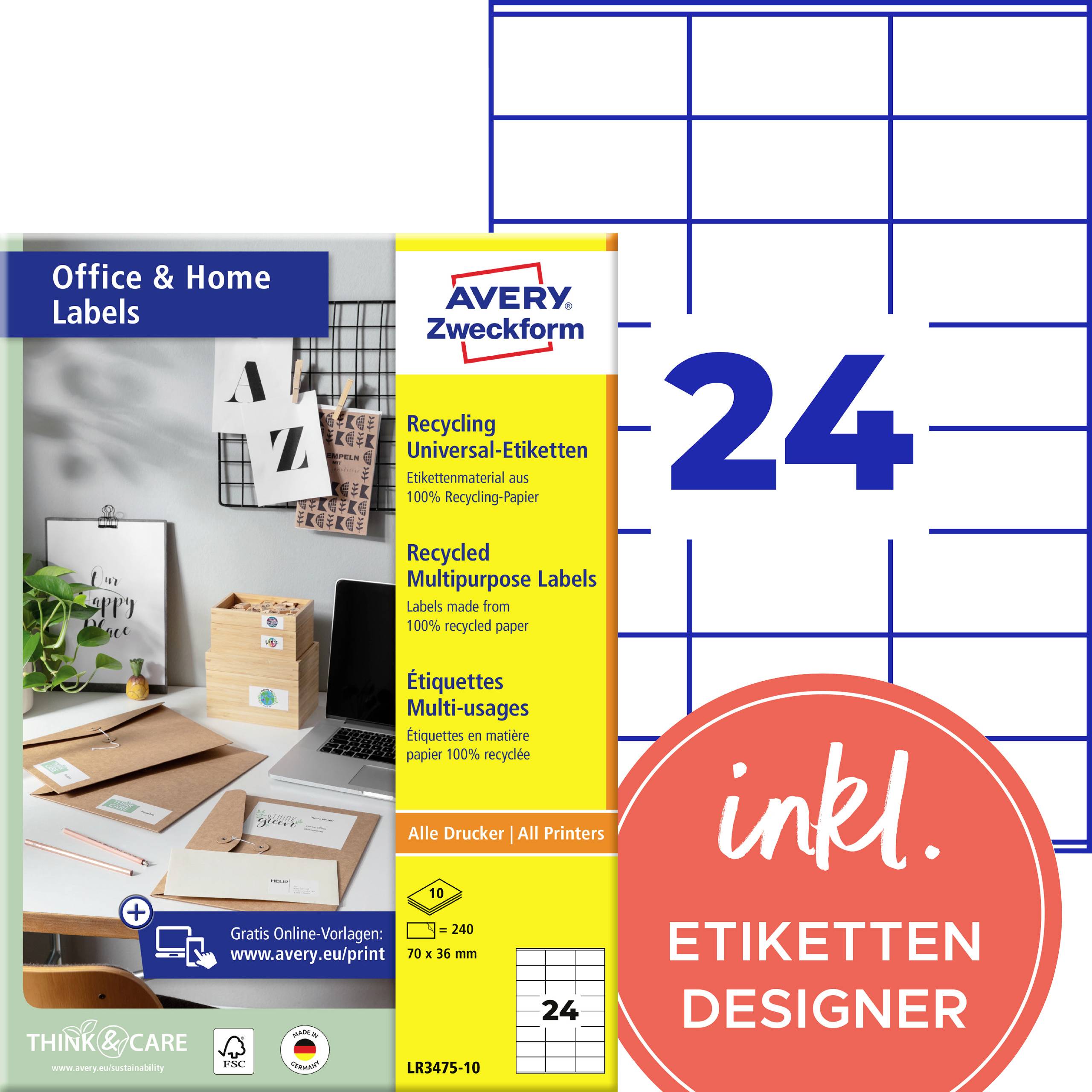 Confezione di etichette riciclate Avery Zweckform per ufficio e casa, 24 fogli, con 'incl. Etiketten Designer' e dettagli di modello.