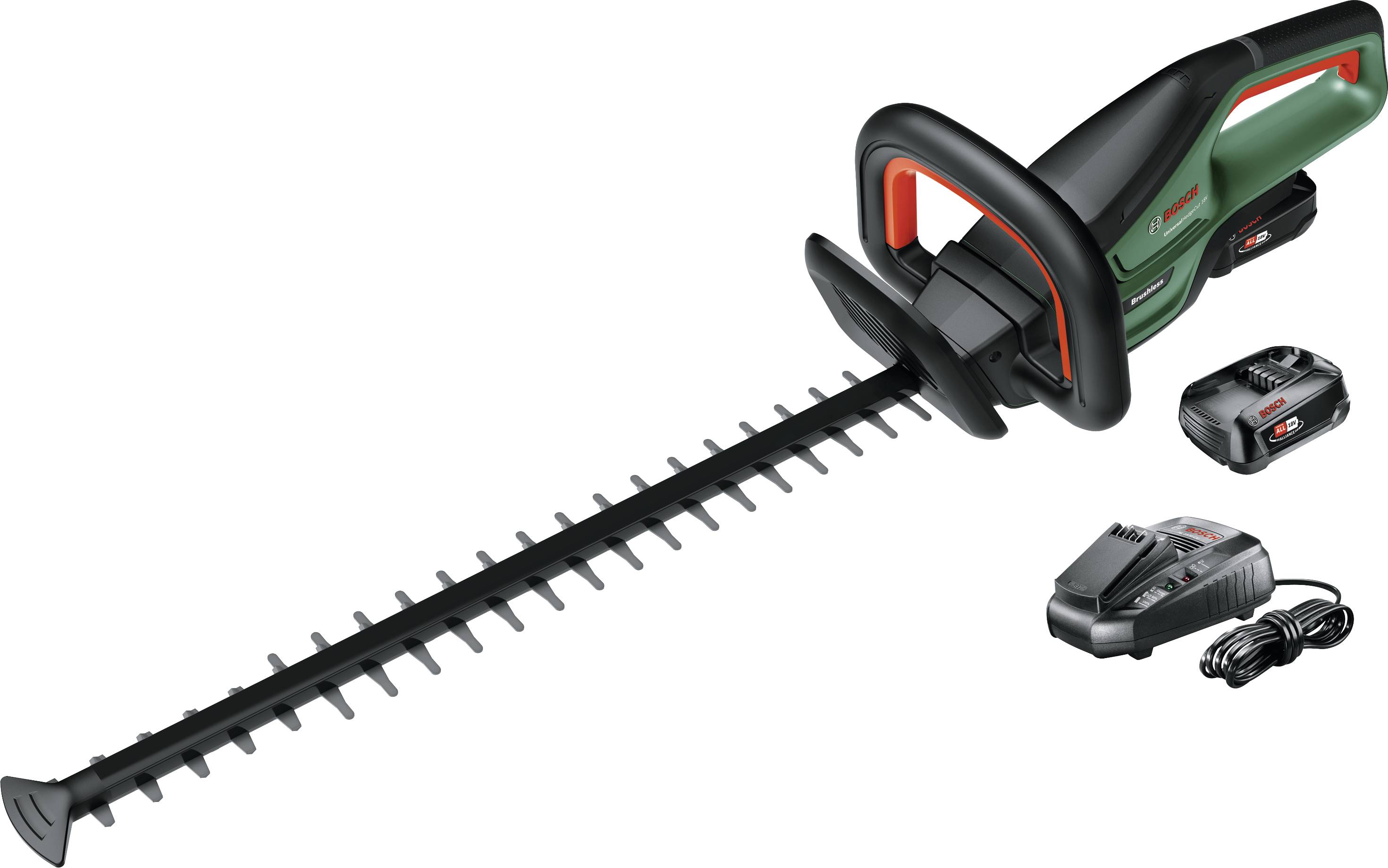 Tagliasiepi cordless in nero e verde con batteria e caricabatterie, ideale per rifilare siepi in giardino.