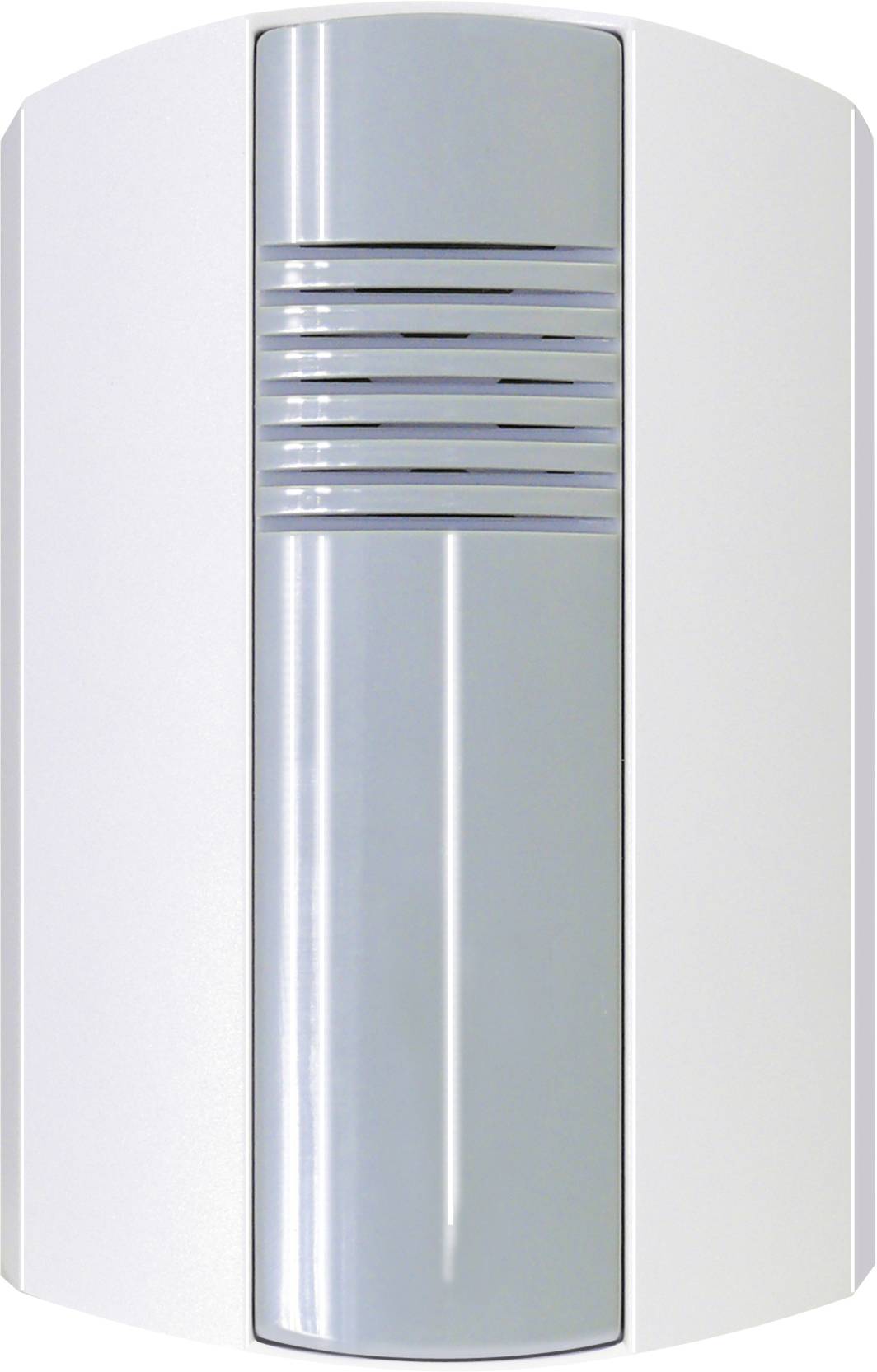 Un moderno gong per porta rettangolare in bianco e argento con linee verticali al centro.