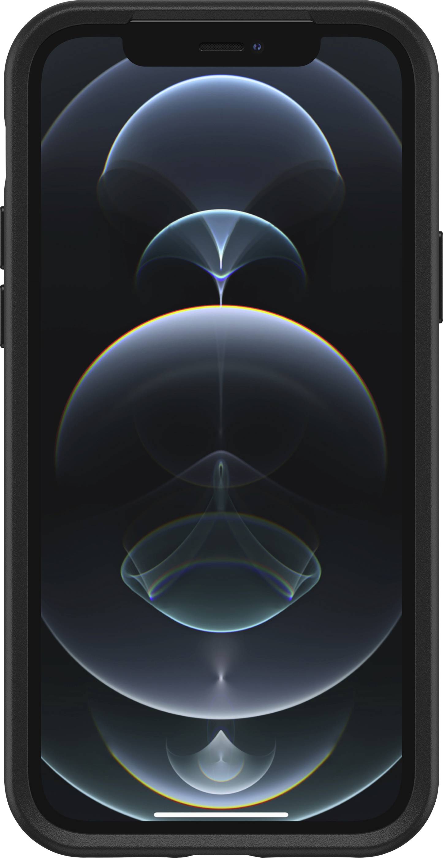 Smartphone con schermo nero, che mostra forme geometriche astratte in blu e verde.