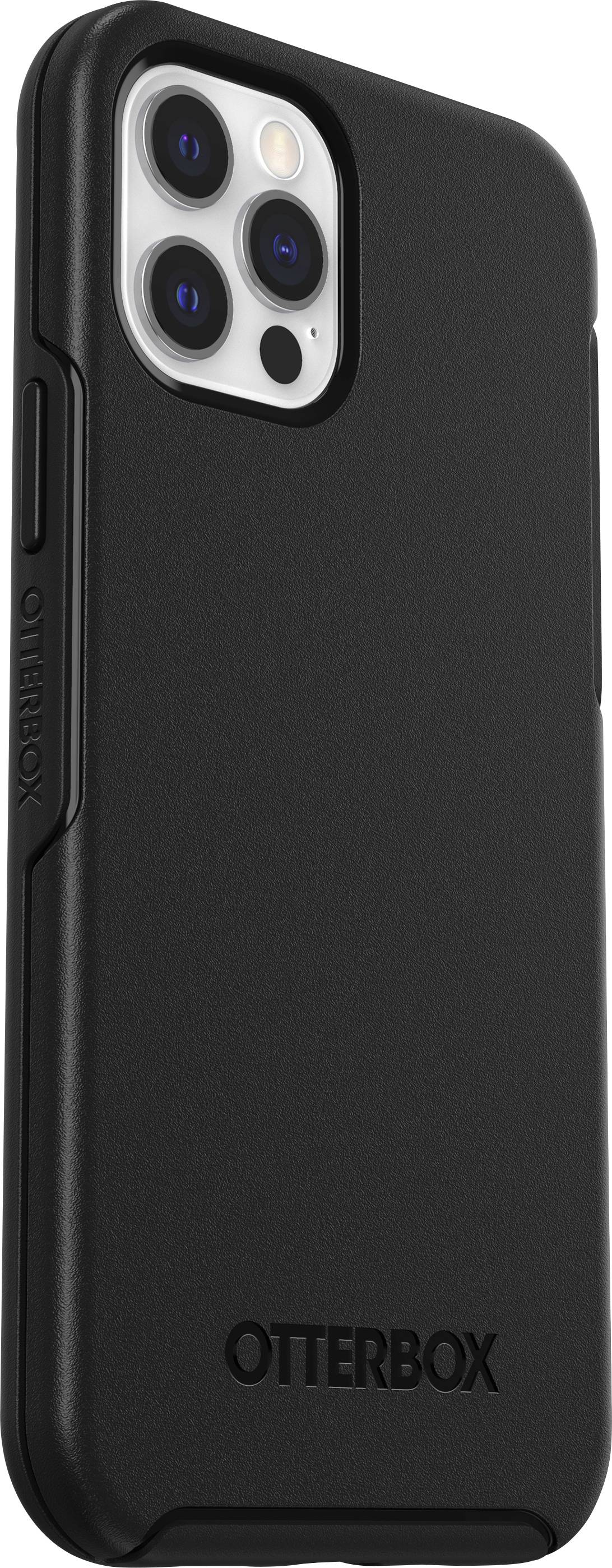 Una custodia protettiva nera OtterBox per smartphone, dal design robusto, che offre protezione per le lenti della fotocamera e i lati del dispositivo.