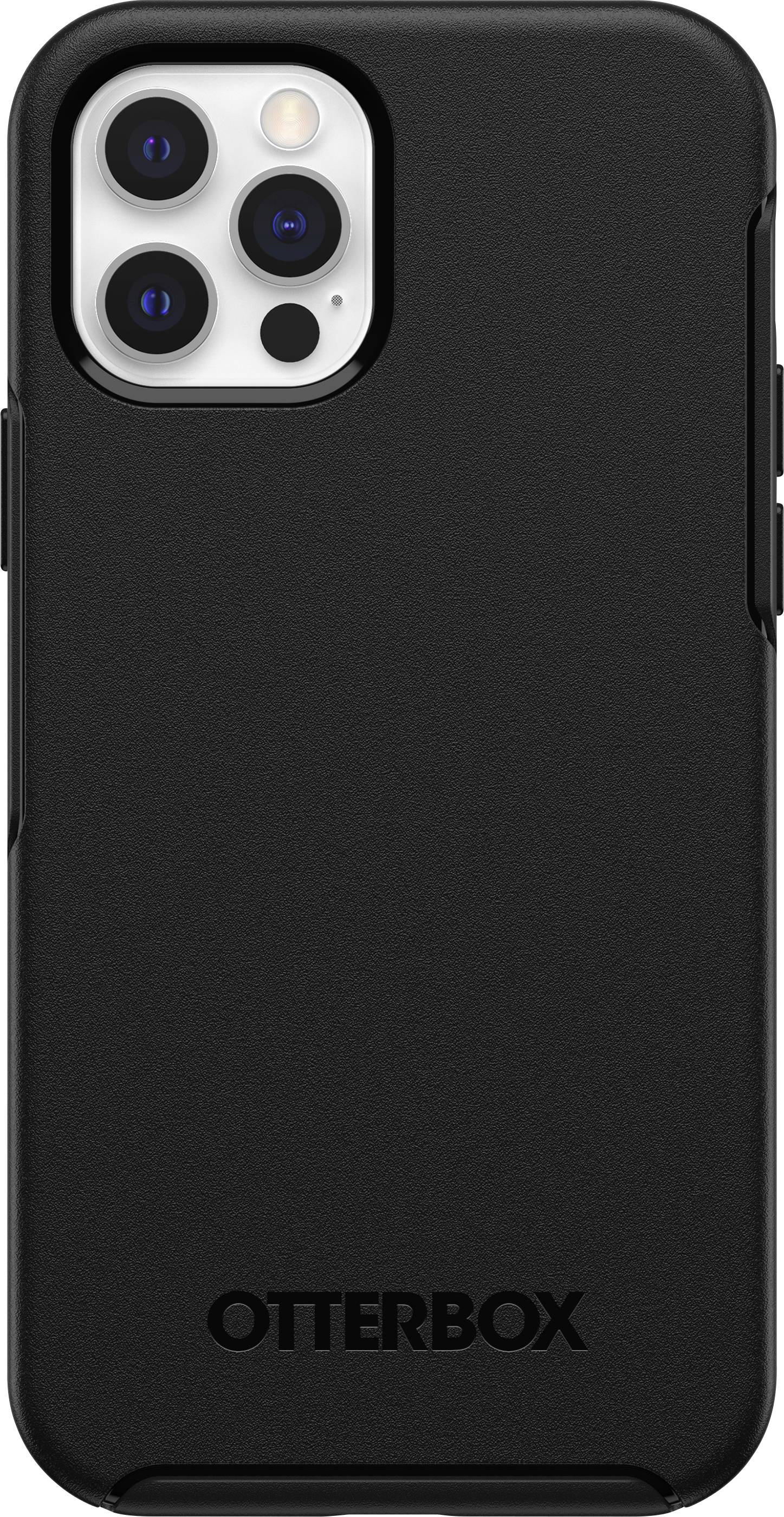 Custodia Otterbox nera per smartphone con tre obiettivi fotografici e flash nell'angolo. Protegge il dispositivo da danni.