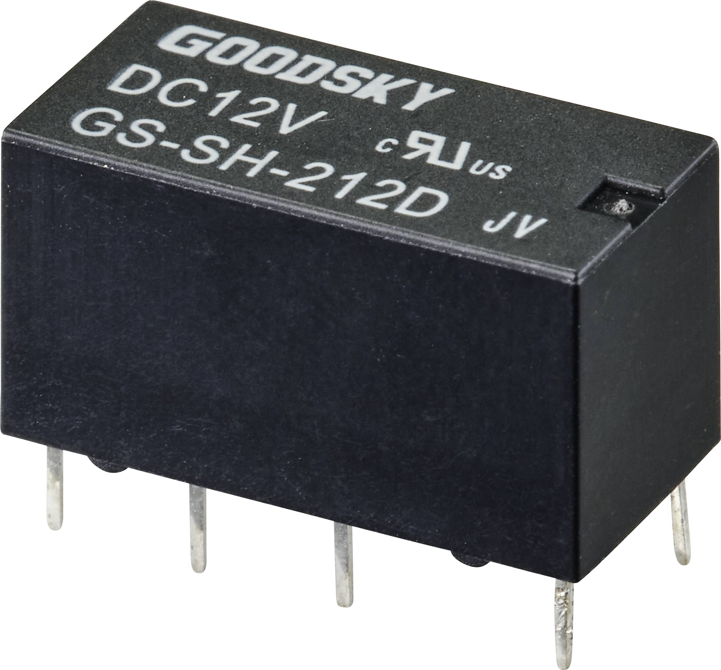 'Relè in custodia con 5 piedini metallici, riportante la scritta 'GOODSKY DC12V GS-SH-212D'; adatto per circuiti elettronici.'