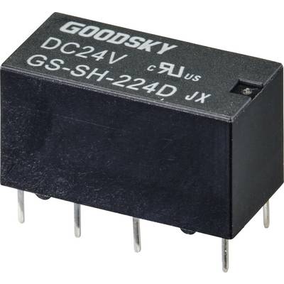 Relè nero rettangolare con scritta 'GOODSKY DC24V GS-SH-224D JX', con sei pin metallici per circuiti elettronici.