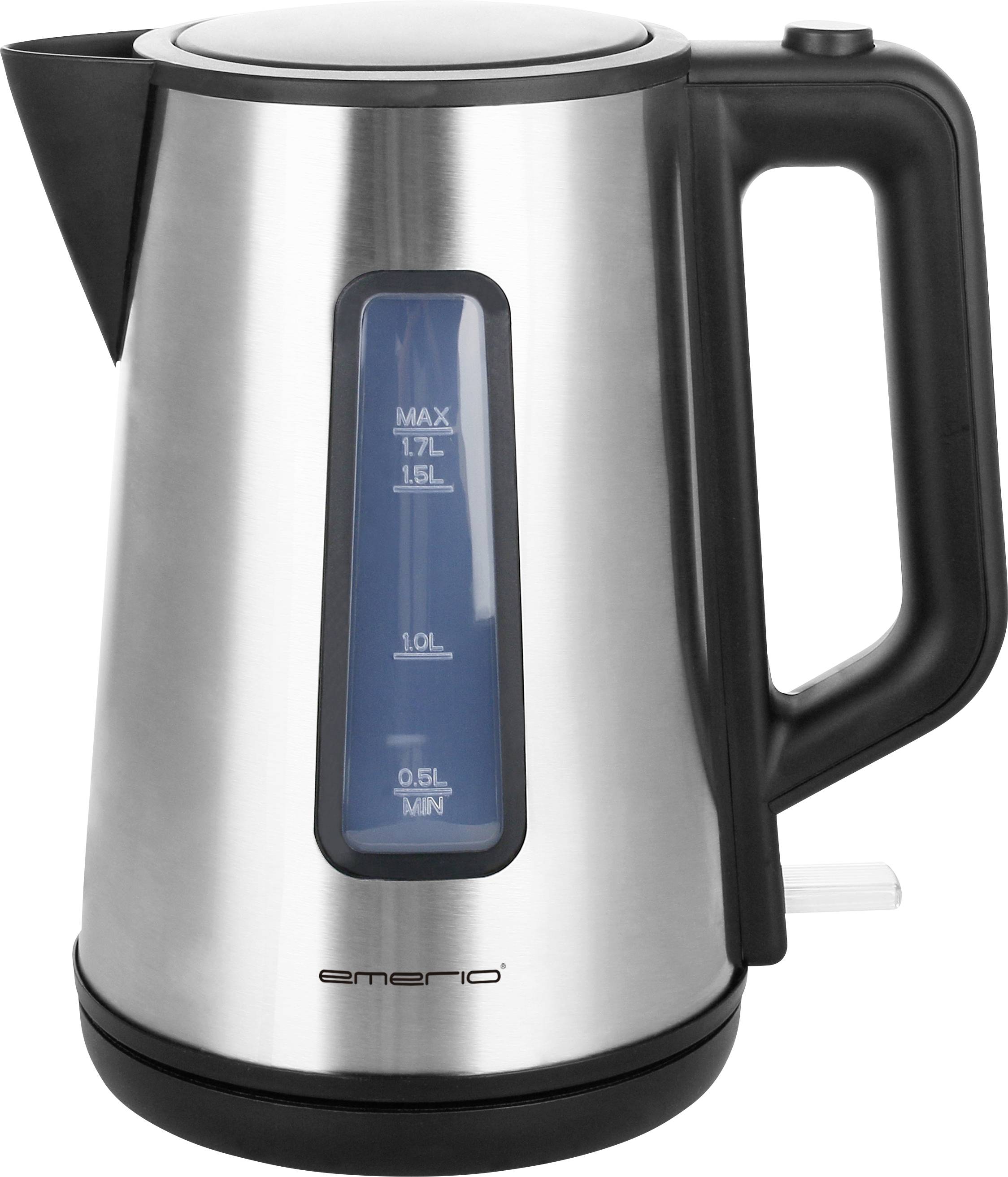Bollitore argentato con manico nero, con finestra trasparente che indica il livello dell'acqua da 0,5L a 1,7L.