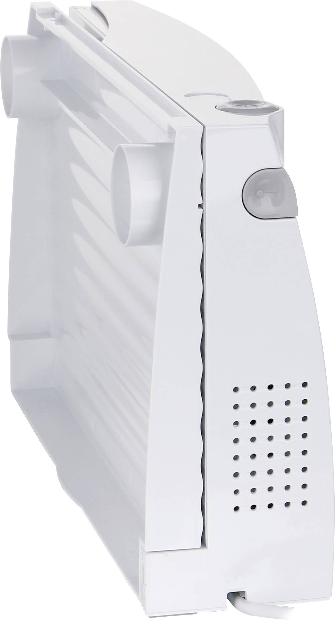 Un dispositivo di riscaldamento elettrico bianco con fessure di ventilazione e un pulsante di controllo sul lato. Il dispositivo è in posizione verticale, vista laterale.