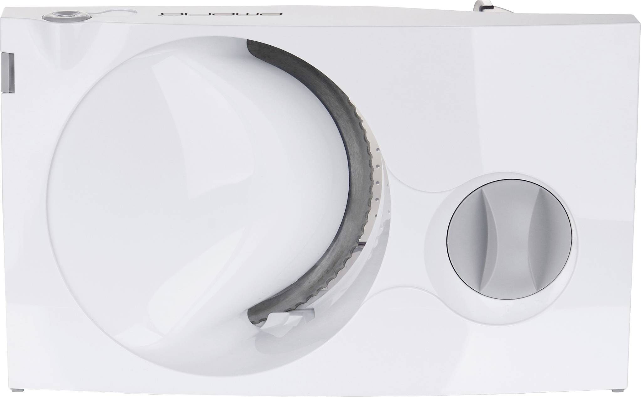 Affettatutto elettrico compatto in bianco con lama rotonda seghettata e regolatore di impostazioni. Ideale per tagli precisi.