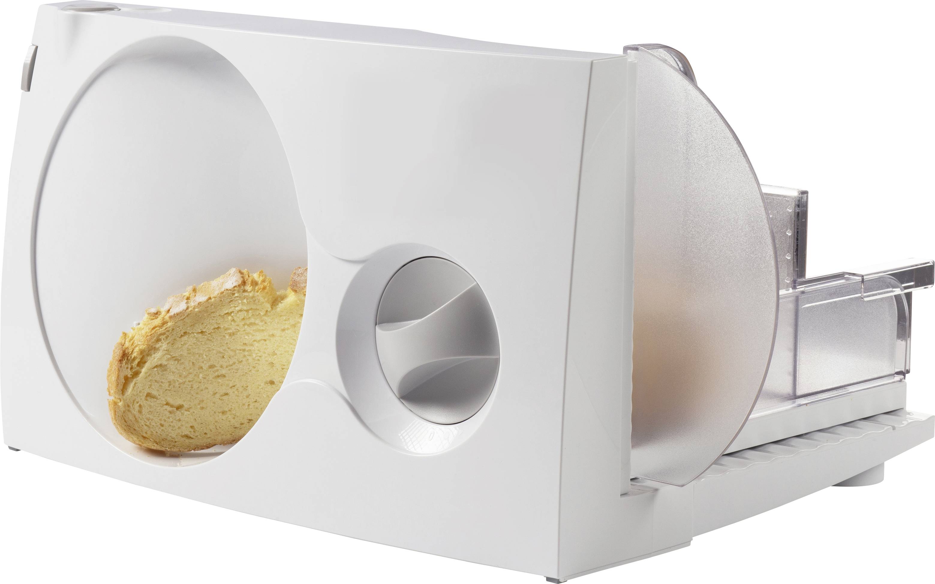 Affettatutto elettrico con lama per il pane. Dispositivo in bianco con protezione trasparente, adatto al taglio di pane e altri alimenti.
