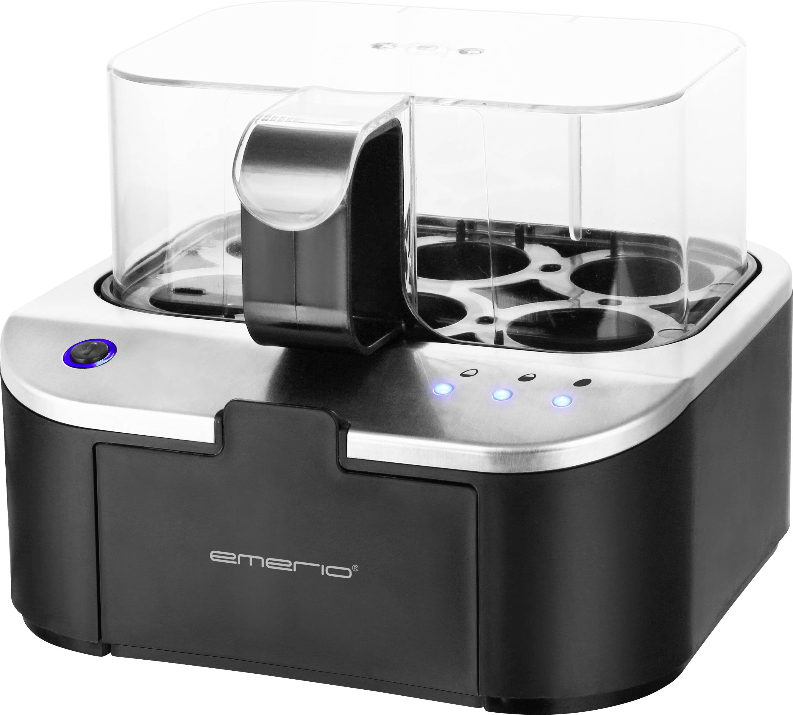 Un cuocuova compatto con scocca nera e dettagli in acciaio inox. Ha spazio per diverse uova sotto una cupola trasparente.