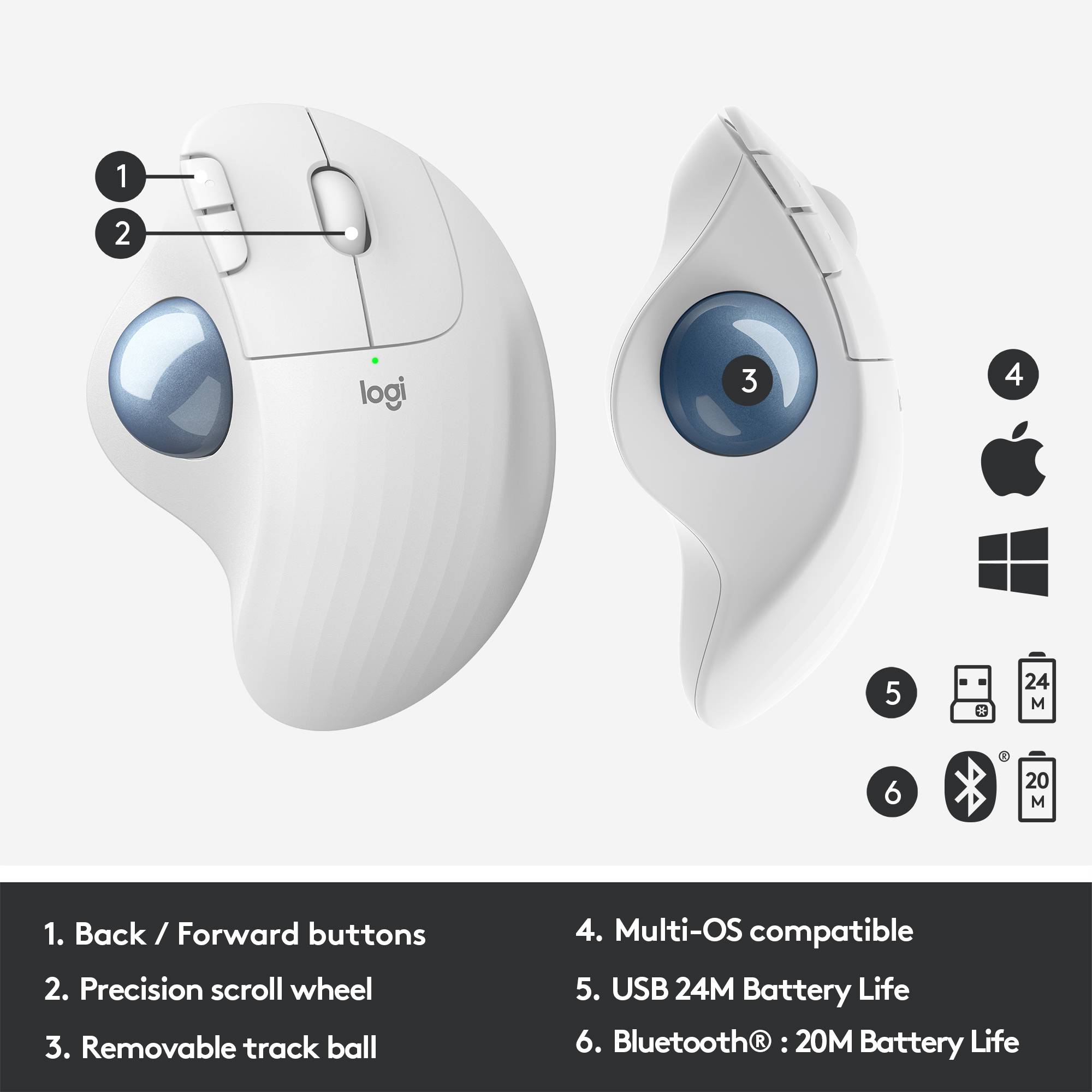 Logitech ERGO M575 Trackball Senza fili (radio) Ottico Bianco 5 Tasti 2000 dpi Ergonomico-11
