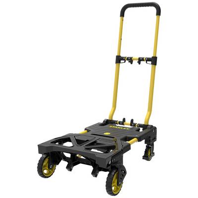 Carrello a mano con telaio giallo e piattaforma nera, quattro ruote e impugnatura regolabile, adatto al trasporto di carichi pesanti.