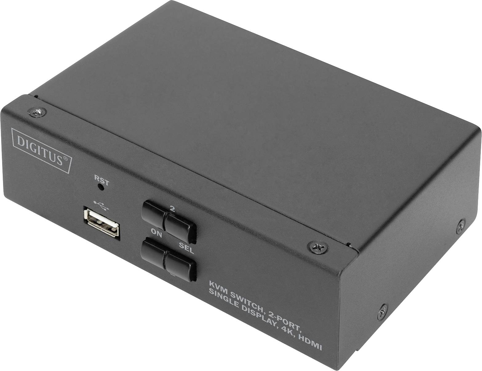 Switch KVM nero con due pulsanti e una porta USB sul lato frontale. Testo sull'apparecchio: 'Switch KVM, 2 porte, Display singolo, 4K, HDMI'.