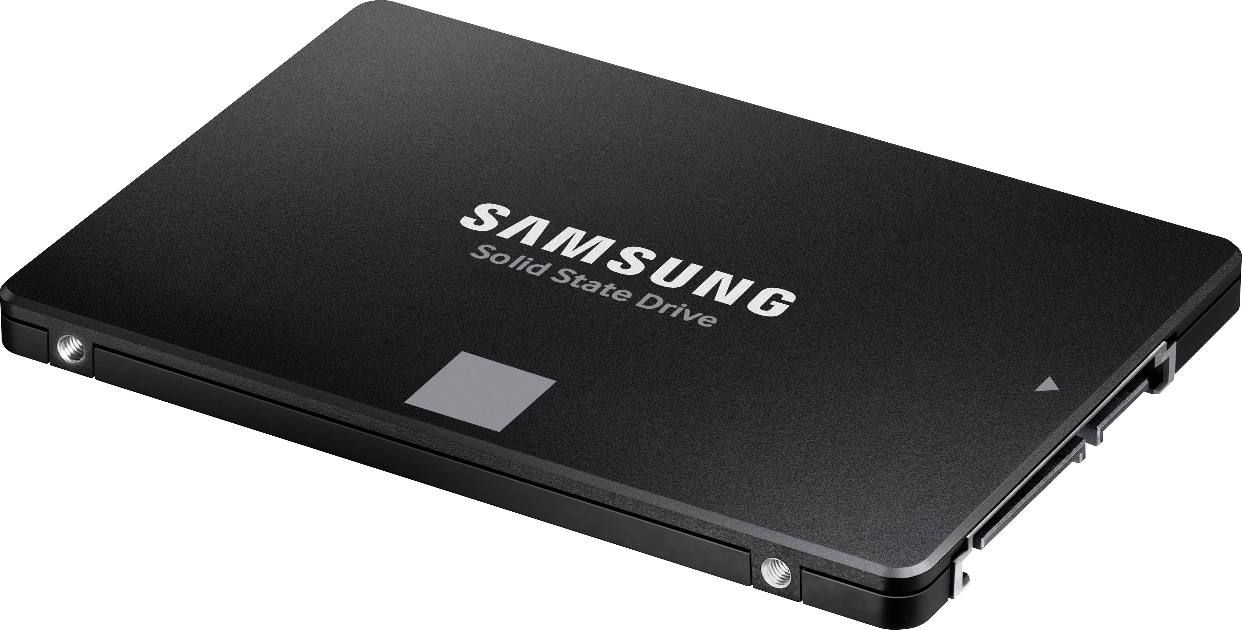 Unità SSD Samsung nera, rettangolare e sottile, con un connettore su un lato.