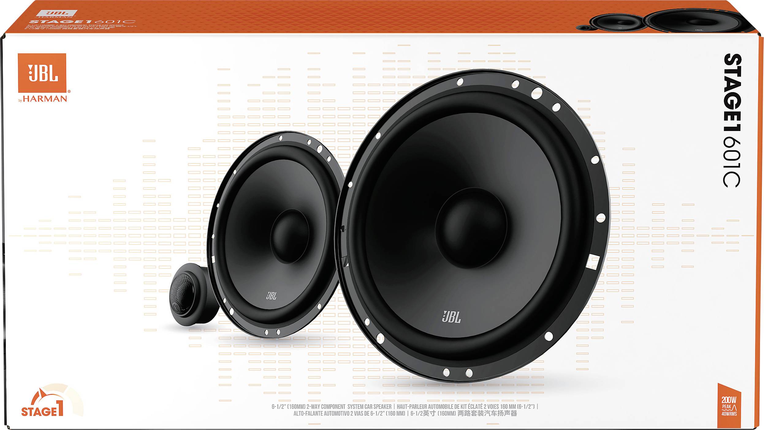 Confezione degli altoparlanti JBL Stage1 601C. Mostra due altoparlanti grandi e uno più piccolo. Testo: 'STAGE1 601C' e logo JBL.