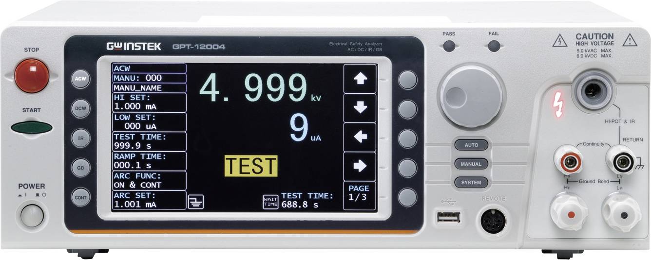 Un dispositivo di test elettrico con display digitale mostra '4.999 kV' e 'TEST'. I tasti di controllo e i connettori sono posizionati sul lato frontale.