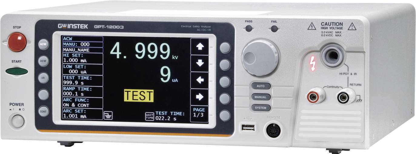 'Foto di un dispositivo elettronico di test con schermo, che mostra 4.999 kV di tensione. Contrassegnato con "TEST". Pulsanti di controllo e connessioni visibili.'