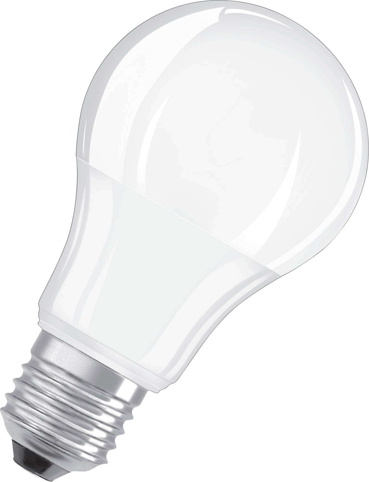 Una lampadina LED bianca mostra il portalampada in basso e il cappuccio curvo e trasparente.