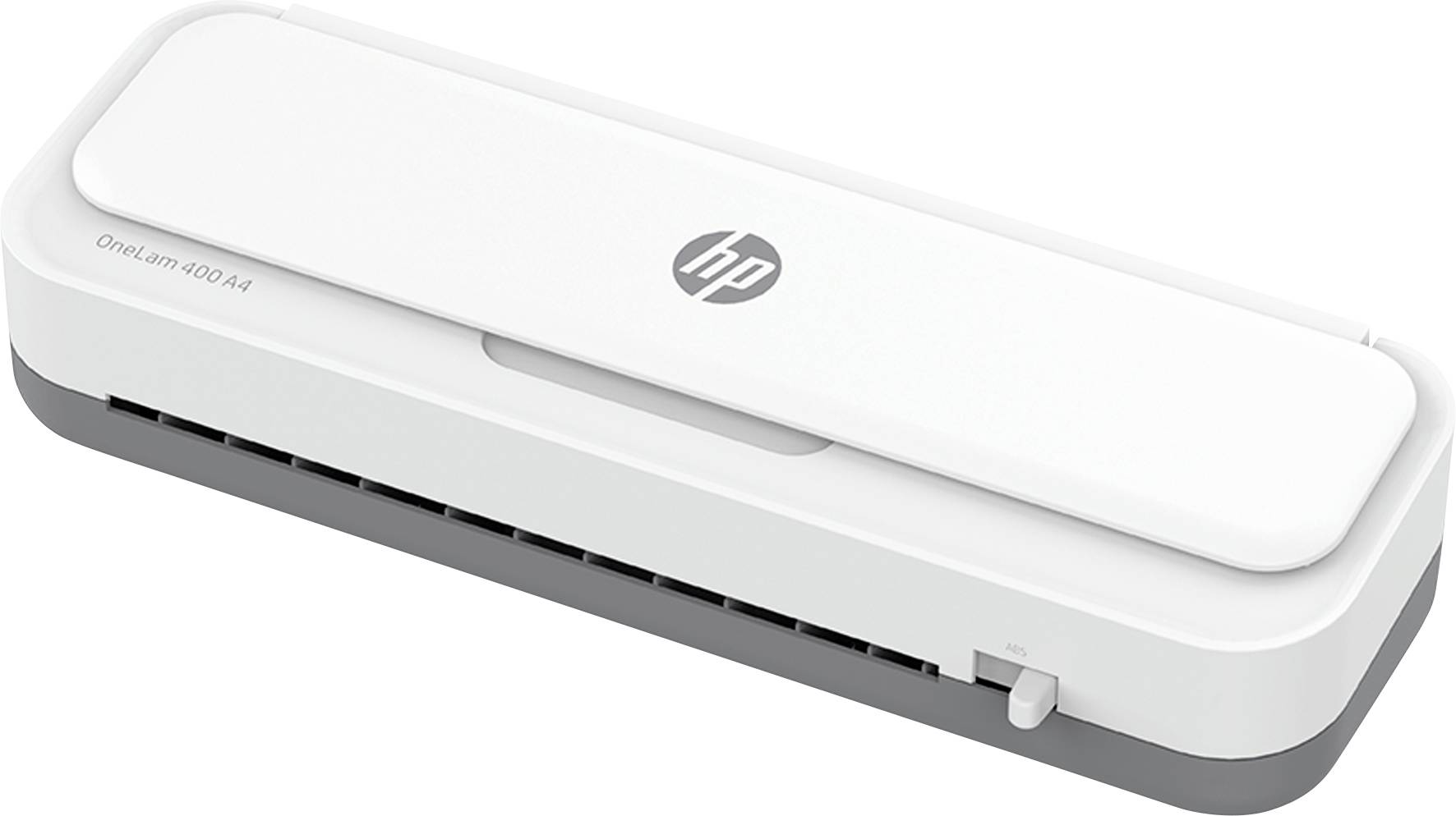 Uno scanner compatto, bianco con dettagli grigi, con il logo HP in alto. Iscrizione del modello 'OneLam 400 A4' sul lato.