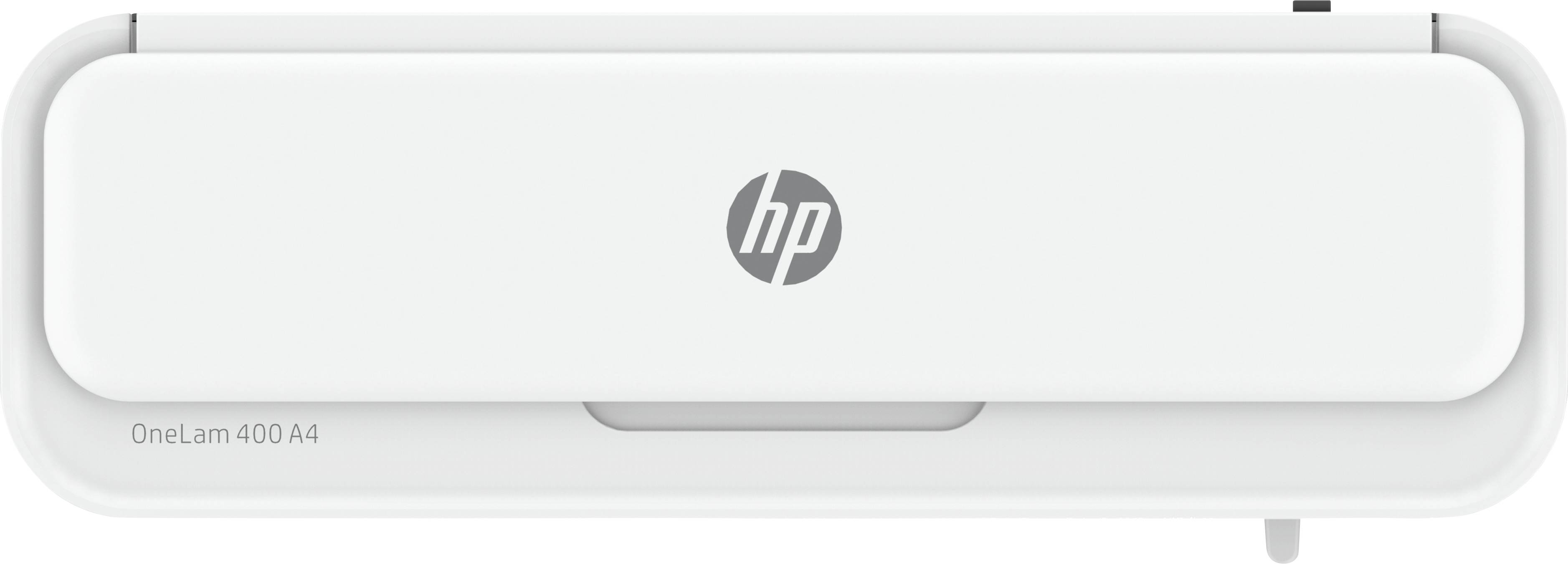 Dispositivo di plastificazione HP OneLam 400 A4 bianco, vista frontale. Design compatto, adatto per documenti in formato A4.