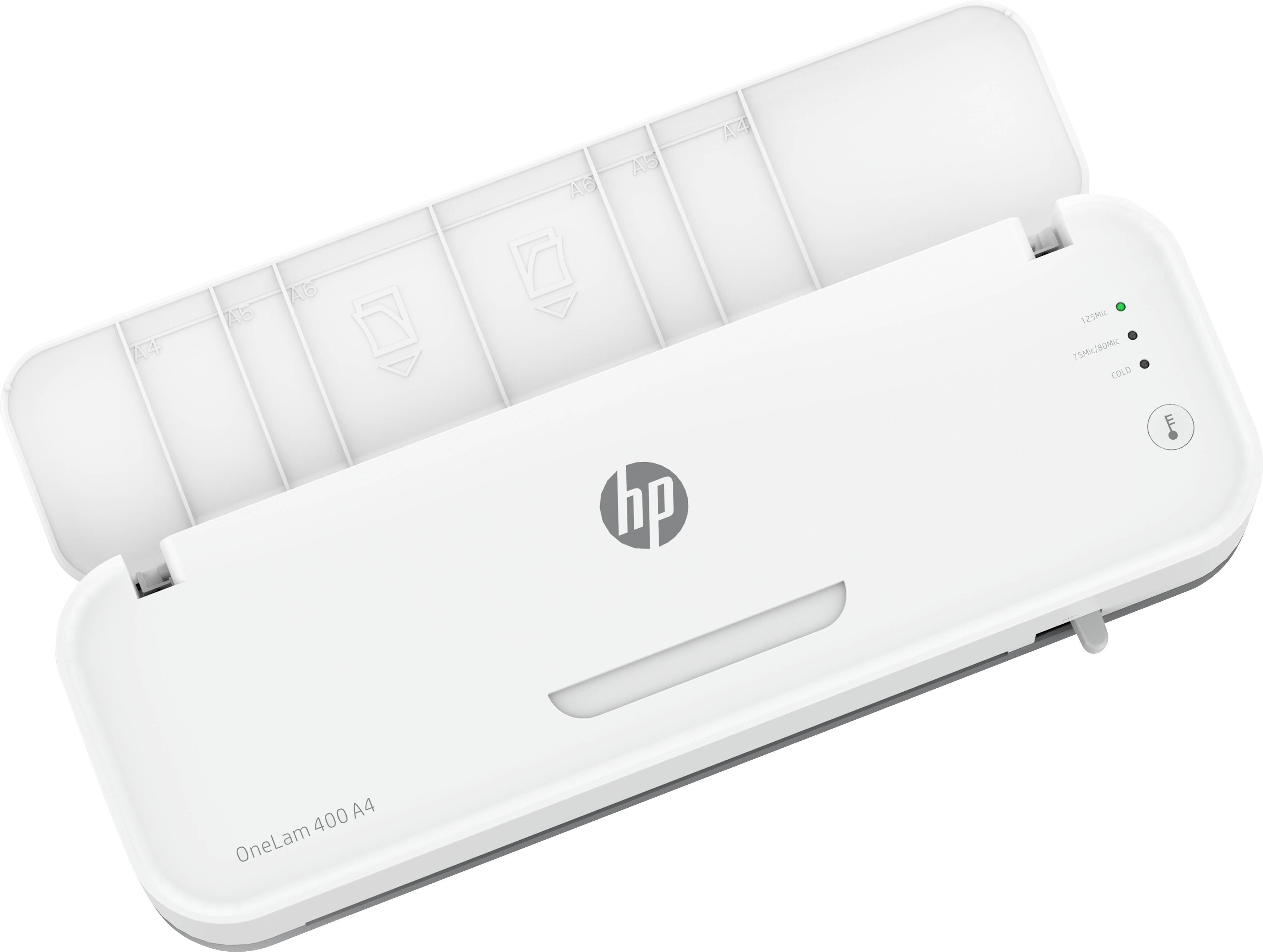 Un dispositivo di plastificazione bianco HP, modello OneLam 400 A4, con un design sottile e compatto e indicatori LED luminosi.