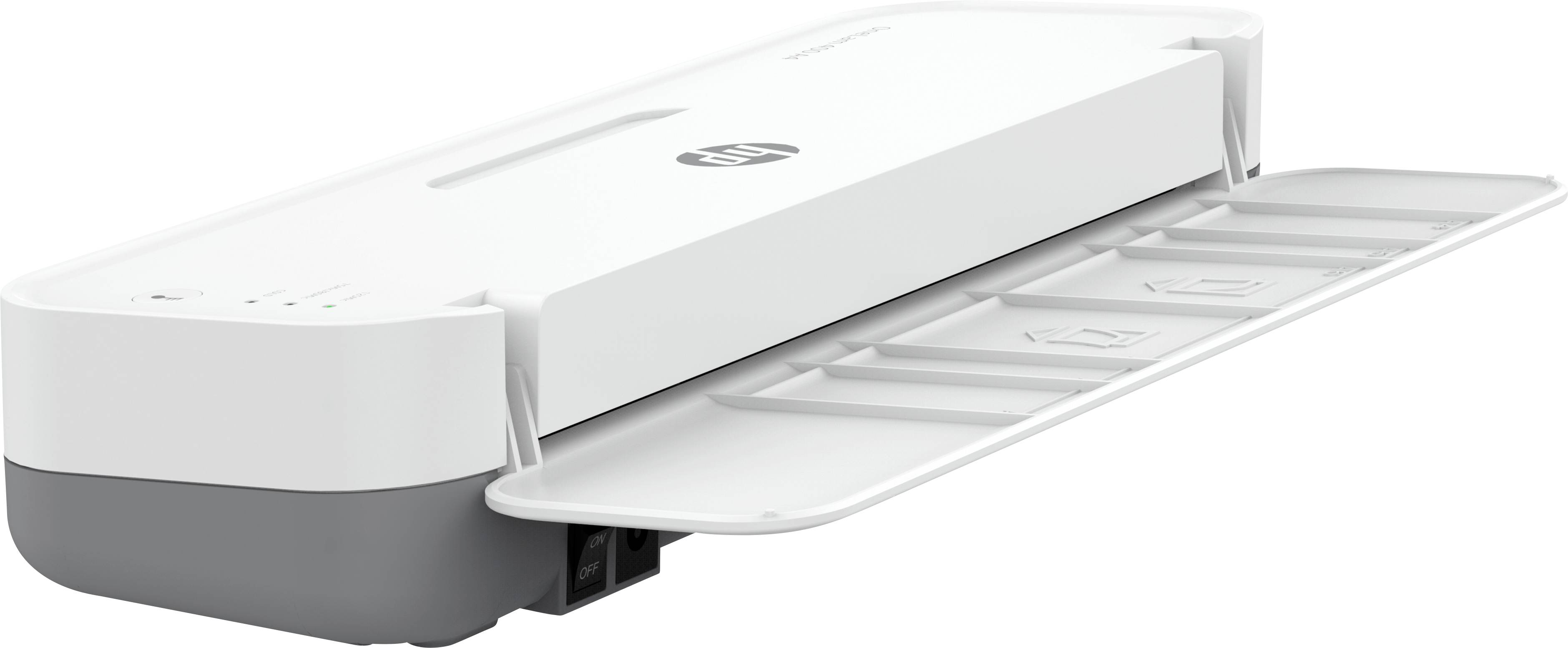 Un piccolo scanner bianco con il coperchio aperto, pronto per scansionare documenti.